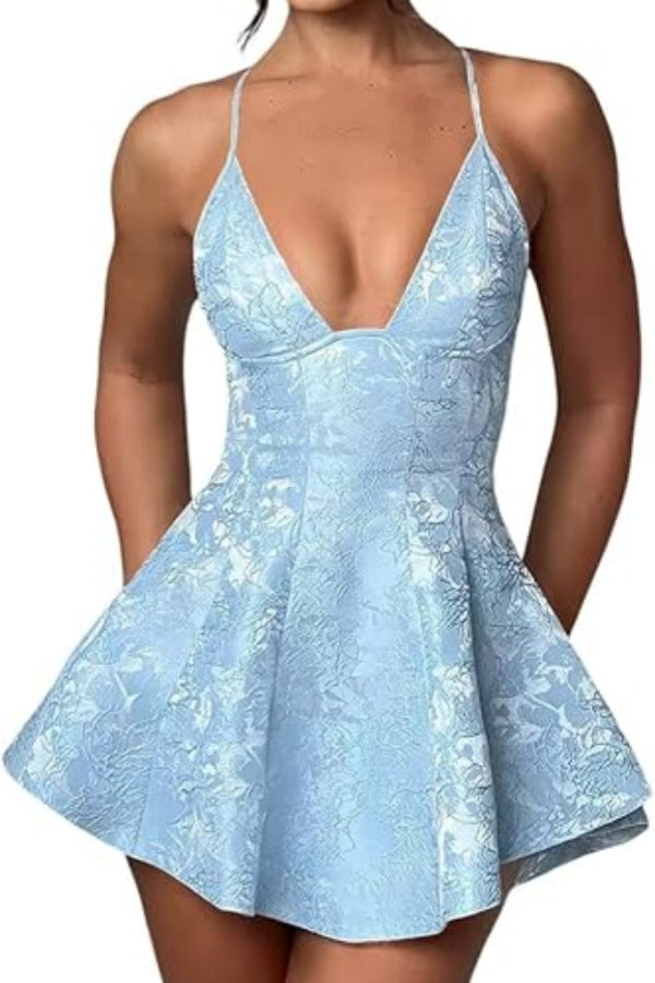 Short A-line Halter Satin Ruffle Jacquard Backless Homecoming Dress