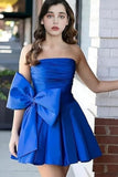 Chic Short A-line Sleeveless Strapless Ruched Lace Up Homecoming Dresses with Bow