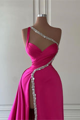 Fuchsia One Shoulder Evening Dress with Slit and Beaded Pleats