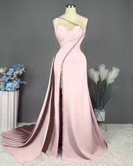 Fuchsia One Shoulder Evening Dress with Slit and Beaded Pleats