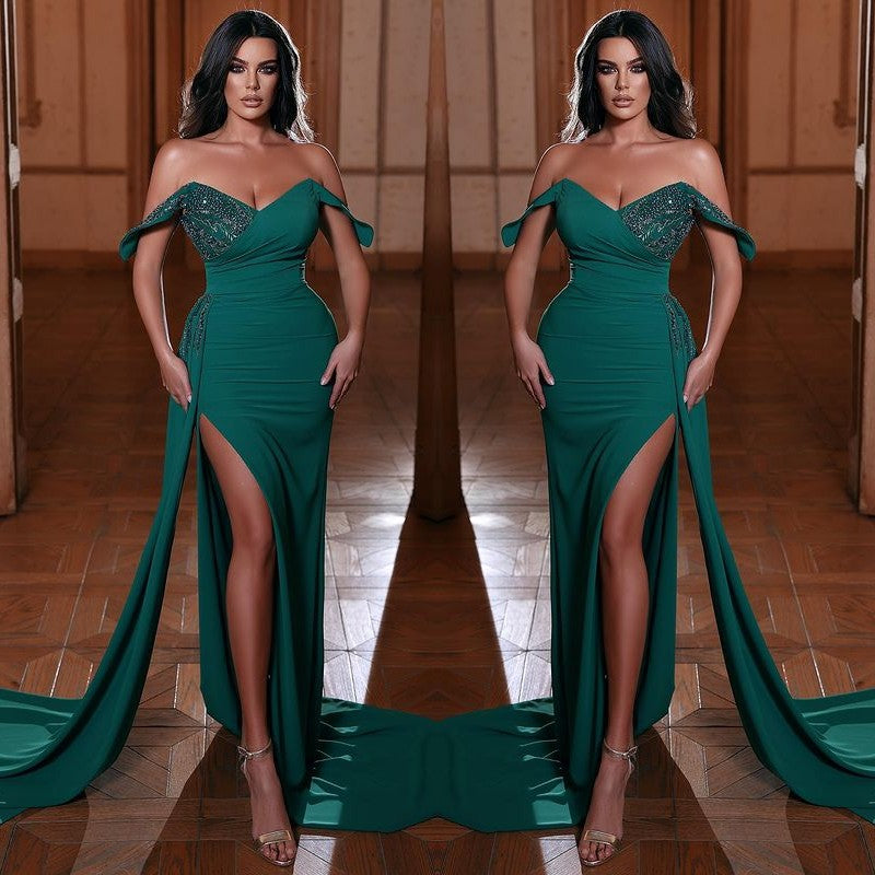 Emerald Off-The-Shoulder Mermaid Evening Dress with V-Neck and Ruffles Split