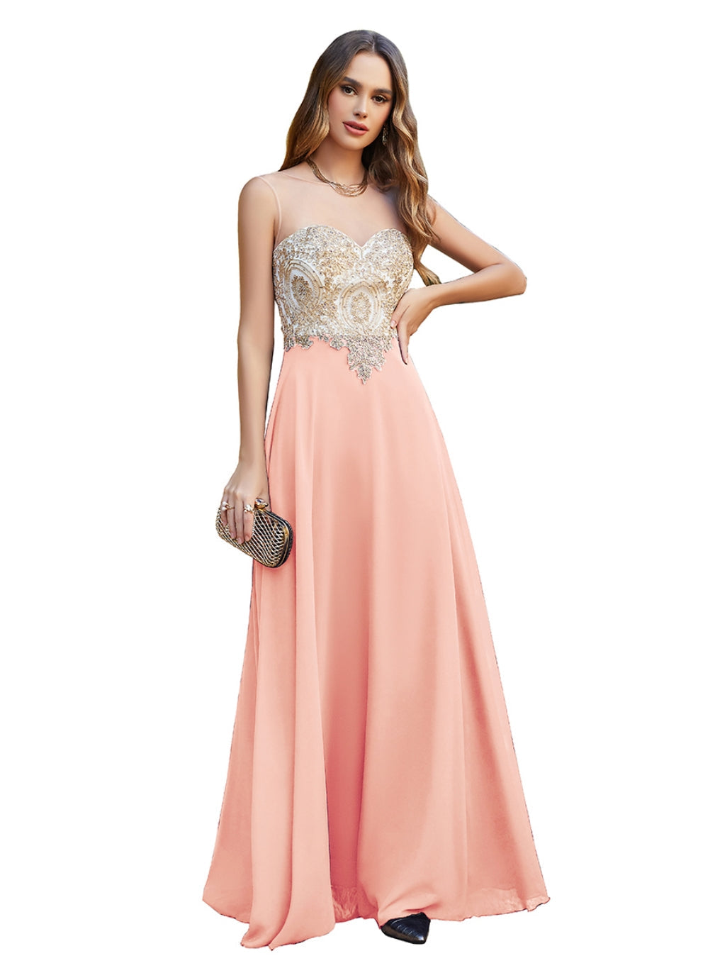 Long A-line Scoop Chiffon Appliques Floor-Length Bridesmaid Dresses