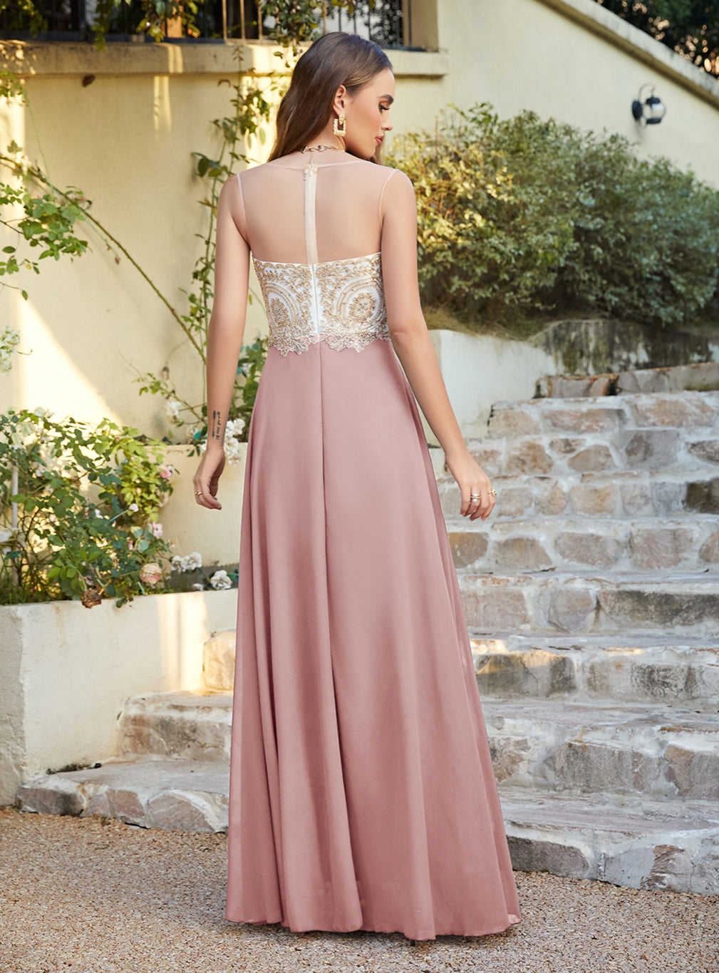  A-line Scoop Chiffon Appliques Floor-Length Dresses 27Dress 1