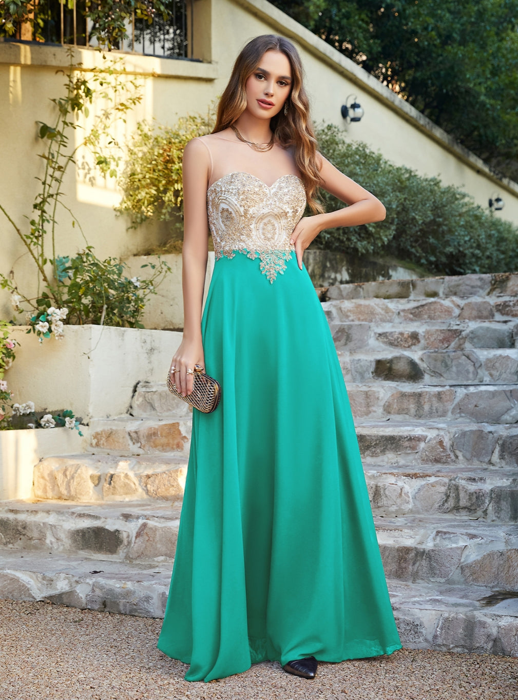 A-line Scoop Chiffon Appliques Floor-Length Dresses 27Dress 1