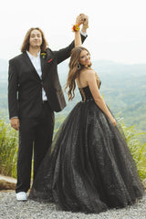 Glitter Sweetheart Black Long Prom Ball Gown