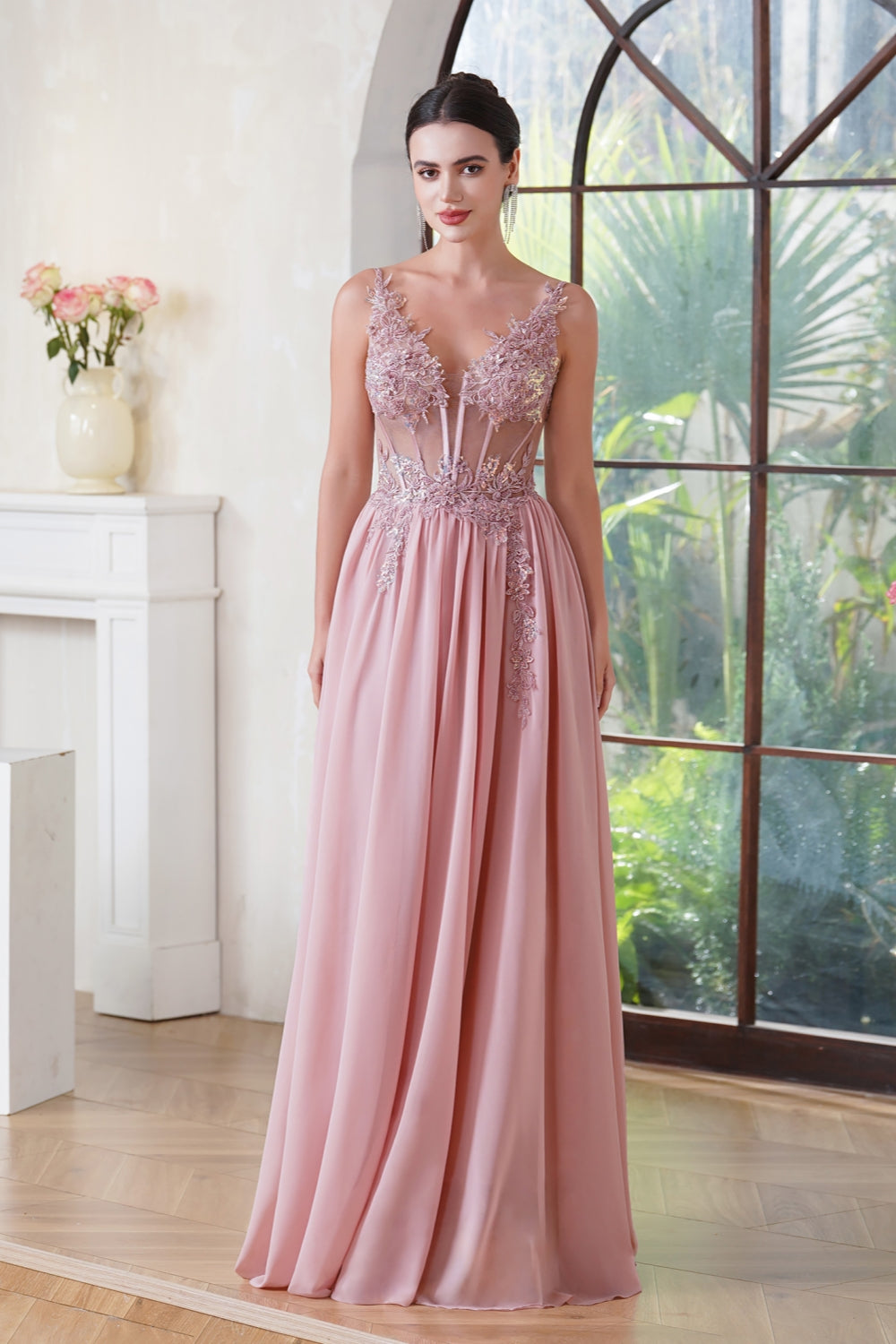 A-Line Spaghetti Sleeveless V-Neck Lace Applique Floor-Length Prom Dress