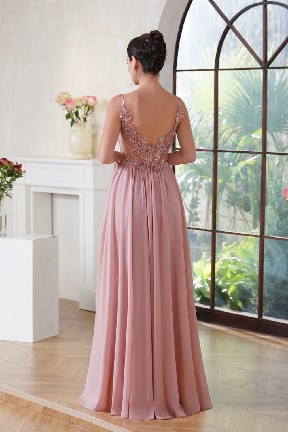 A-Line Spaghetti Sleeveless V-Neck Lace Applique Floor-Length Prom Dress