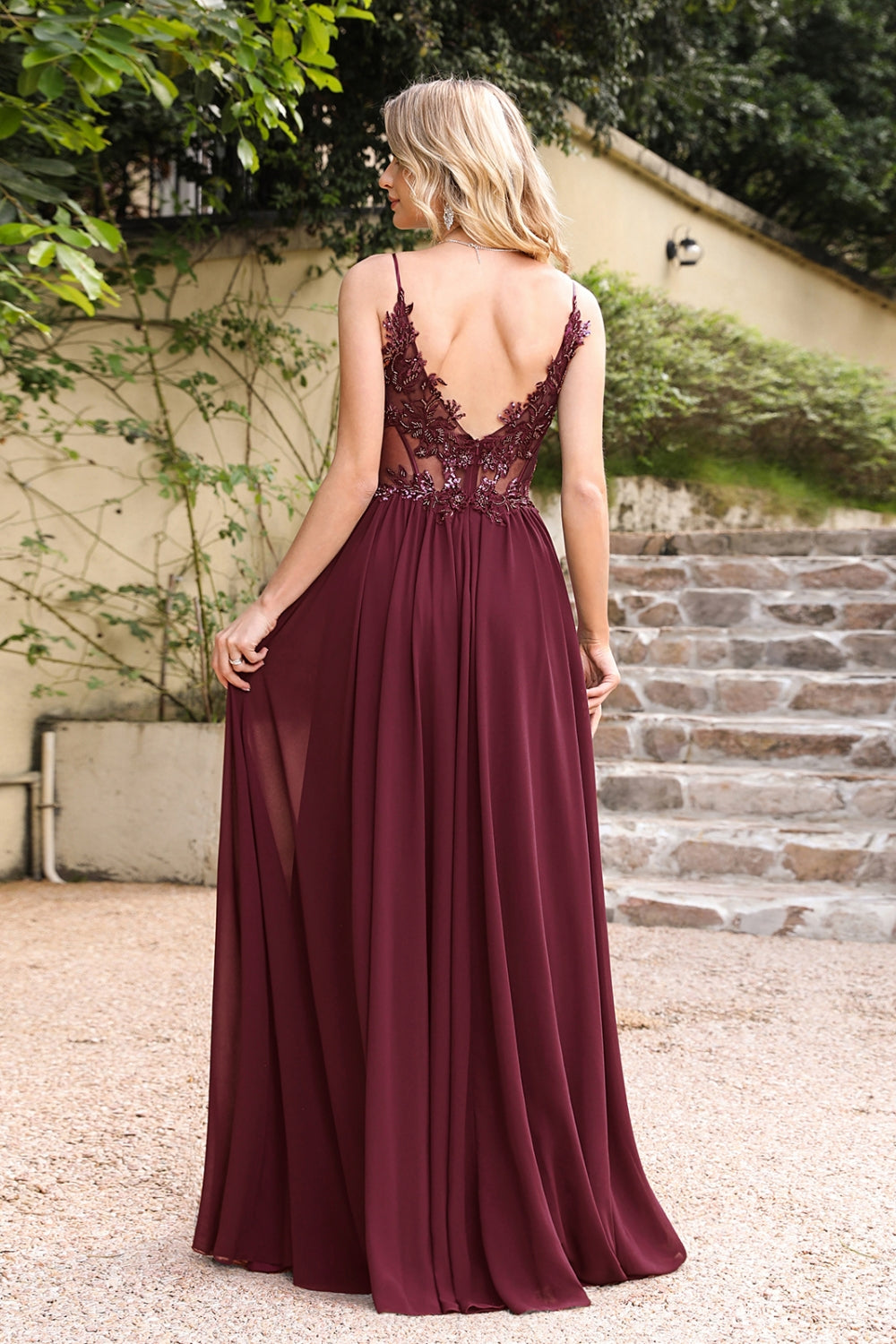 A-Line Spaghetti Sleeveless V-Neck Lace Applique Floor-Length Prom Dress