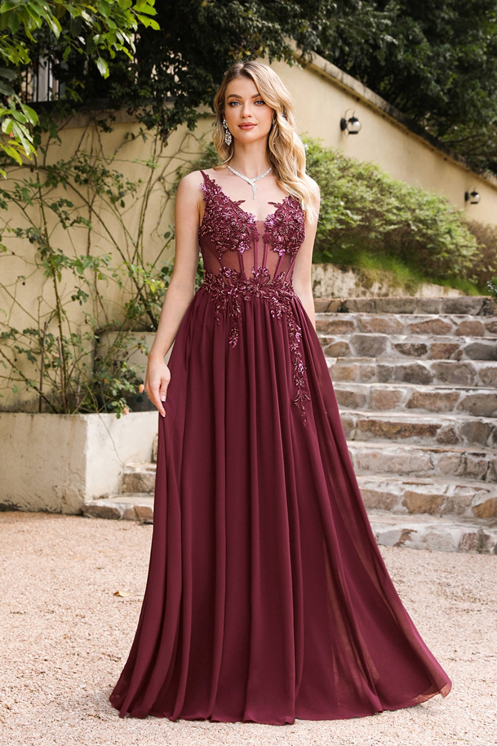 A-Line Spaghetti Sleeveless V-Neck Lace Applique Floor-Length Prom Dress