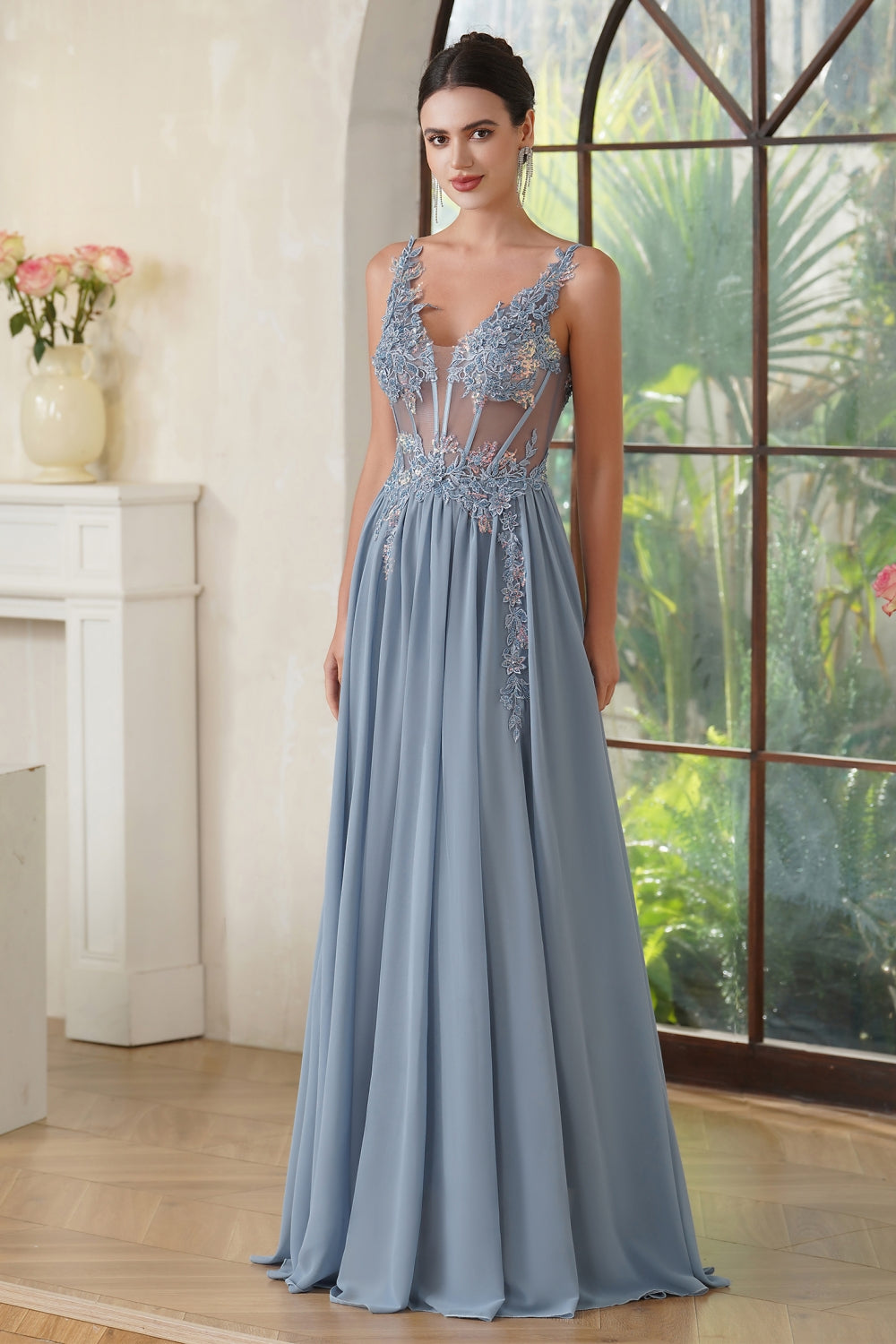 A-Line Spaghetti Sleeveless V-Neck Lace Applique Floor-Length Prom Dress