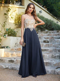 Dark Navy A-line Scoop Chiffon Appliques Floor-Length Dresses 27Dress 1