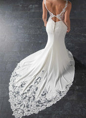 Long Mermaid V-neck Sleeveless Satin Lace Wedding Dress