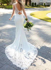 Long Mermaid V-neck Sleeveless Satin Lace Wedding Dress