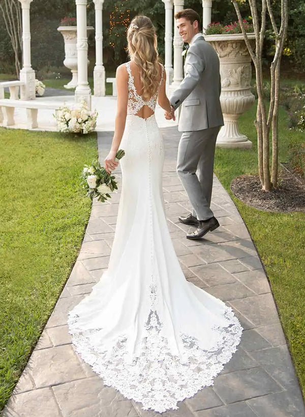 Long Mermaid V-neck Sleeveless Satin Lace Wedding Dress