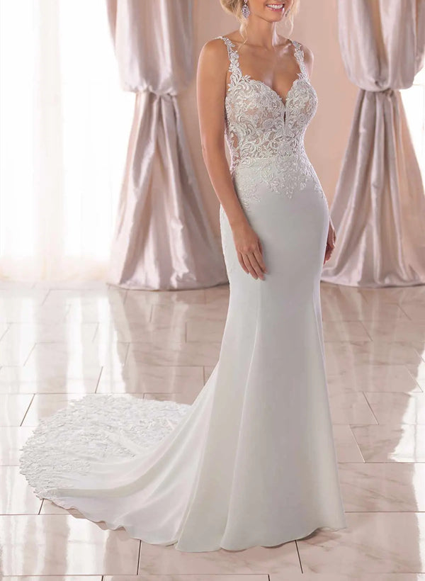 Long Mermaid V-neck Sleeveless Satin Lace Wedding Dress