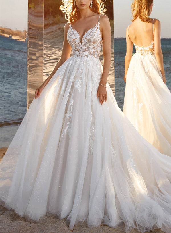 Long A-line V-neck Sleeveless Tulle Wedding Dress With Lace Appliques