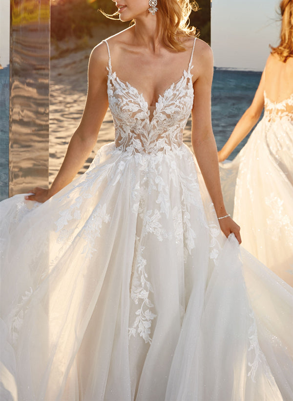 Long A-line V-neck Sleeveless Tulle Wedding Dress With Lace Appliques