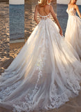 Long A-line V-neck Sleeveless Tulle Wedding Dress With Lace Appliques