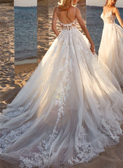 Long A-line V-neck Sleeveless Tulle Wedding Dress With Lace Appliques