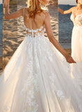 Long A-line V-neck Sleeveless Tulle Wedding Dress With Lace Appliques