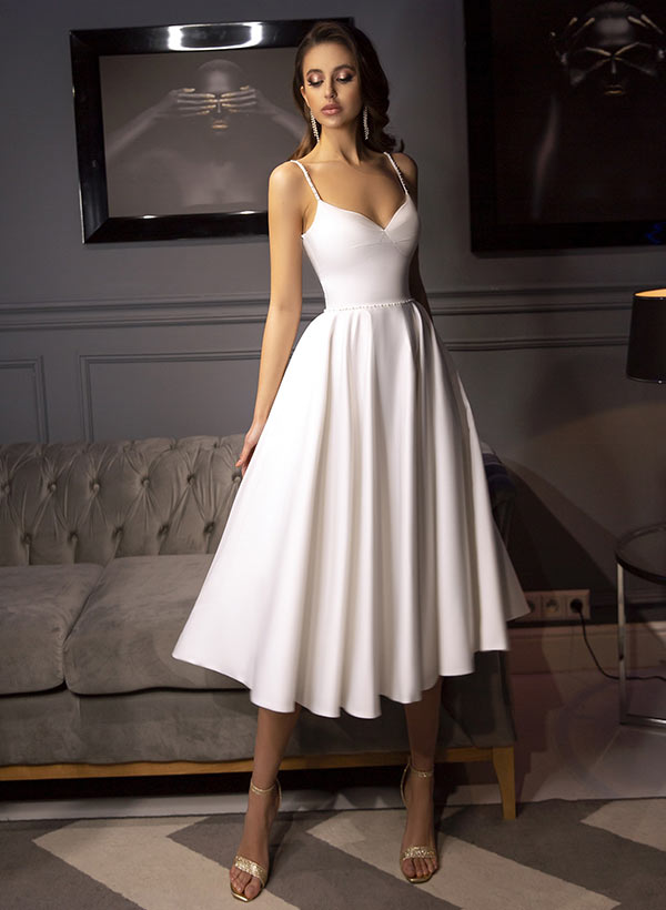 Elegant Short A-line Sweetheart Tea Length Satin Wedding Dresses