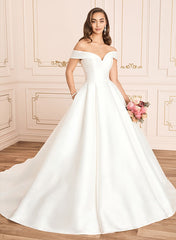 Classic Long A-line Off The Shoulder Satin Wedding Dress With Pockets