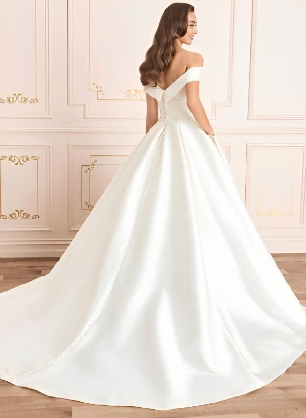 Classic Long A-line Off The Shoulder Satin Wedding Dress With Pockets