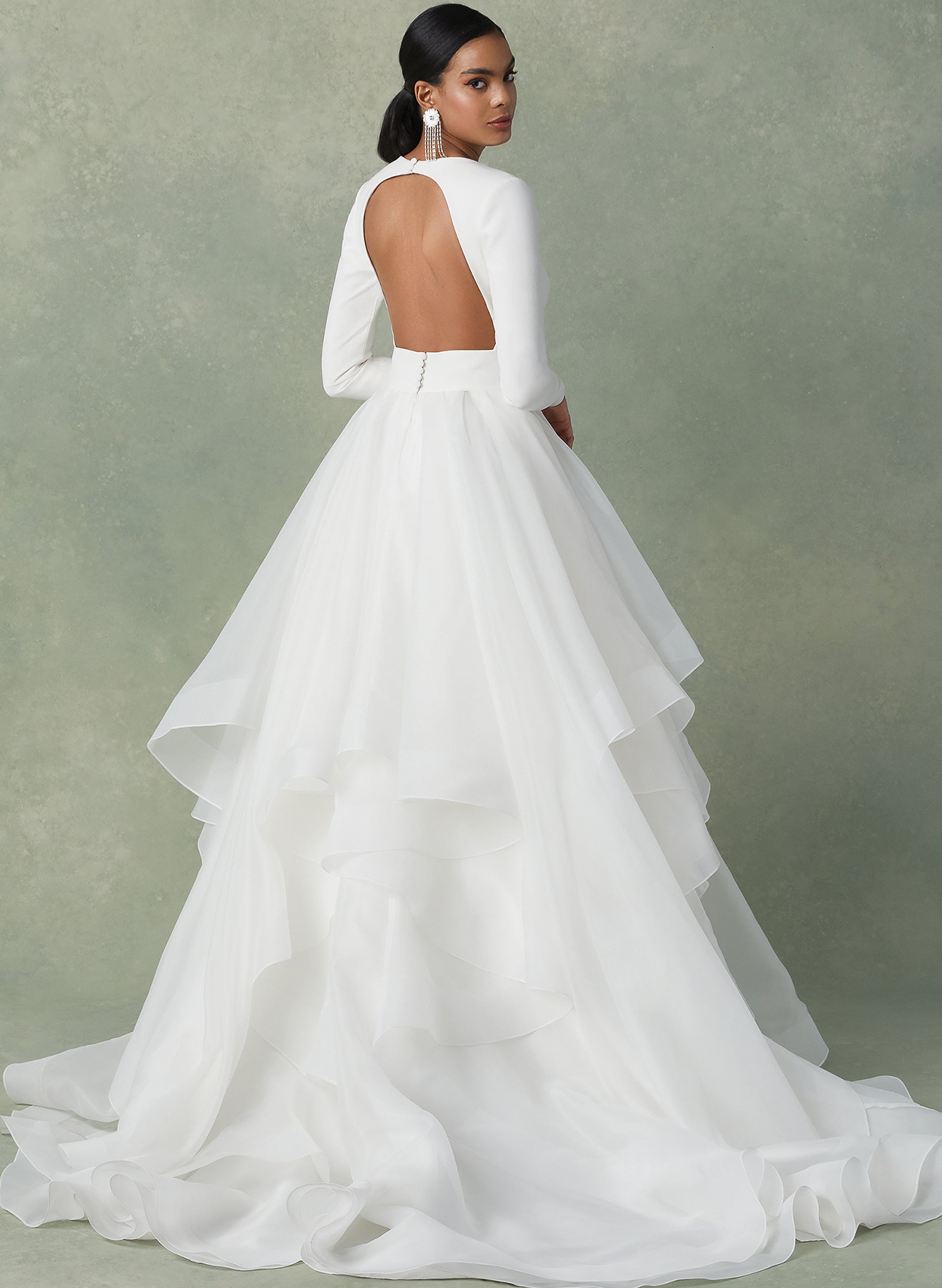 Long Ball Gown V-neck Ruffles Tulle Wedding Dresses with Sleeves