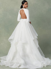 Long Ball Gown V-neck Ruffles Tulle Wedding Dresses with Sleeves