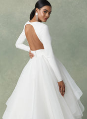 Long Ball Gown V-neck Ruffles Tulle Wedding Dresses with Sleeves