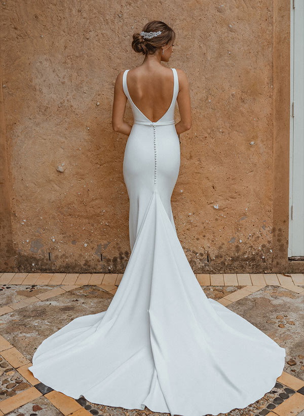 Elegant Long Mermaid V-neck Satin Open Back Wedding Dress