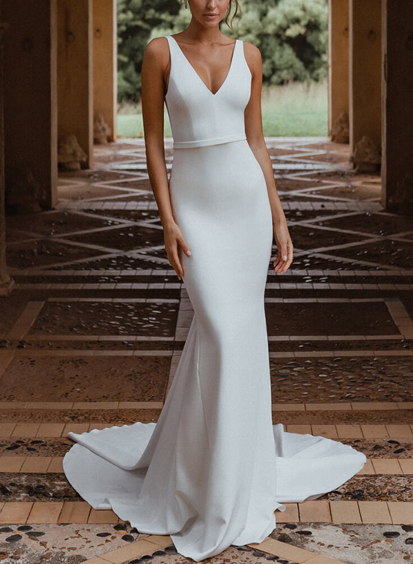 Elegant Long Mermaid V-neck Satin Open Back Wedding Dress