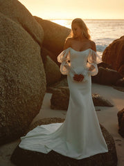 Long Mermaid Strapless Satin Wedding Dress with Sleeves