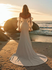 Long Mermaid Strapless Satin Wedding Dress with Sleeves