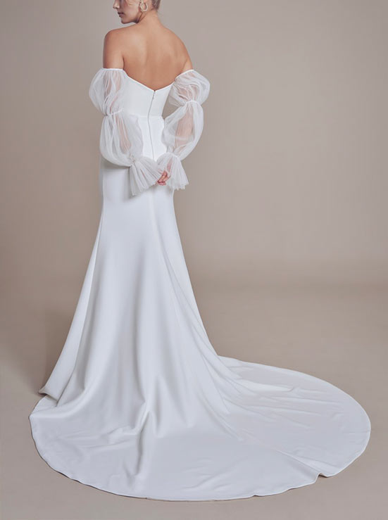 Long Mermaid Strapless Satin Wedding Dress with Sleeves