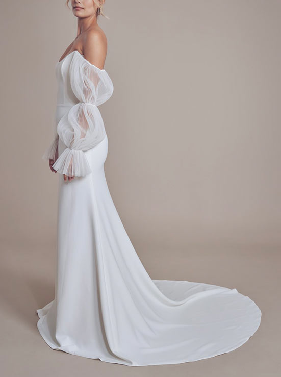 Long Mermaid Strapless Satin Wedding Dress with Sleeves