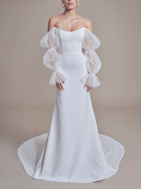 Long Mermaid Strapless Satin Wedding Dress with Sleeves