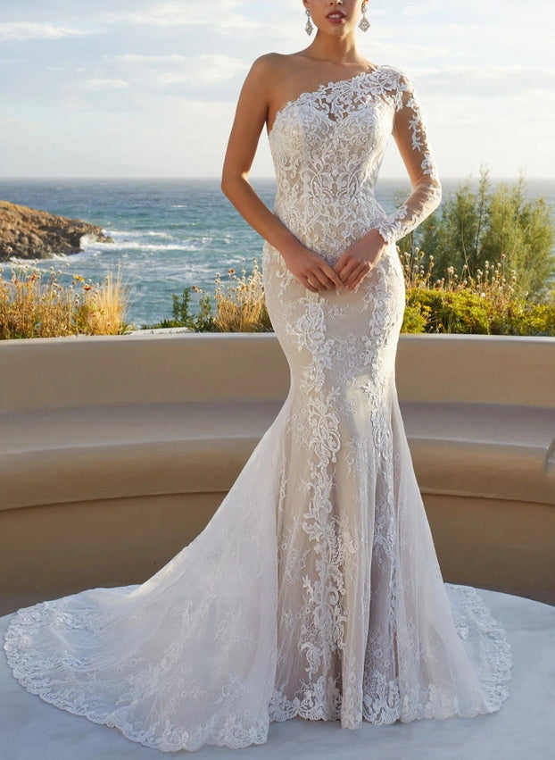 Luxury Long Tulle Lace One Shoulder Mermaid Wedding Dresses with Sleeves