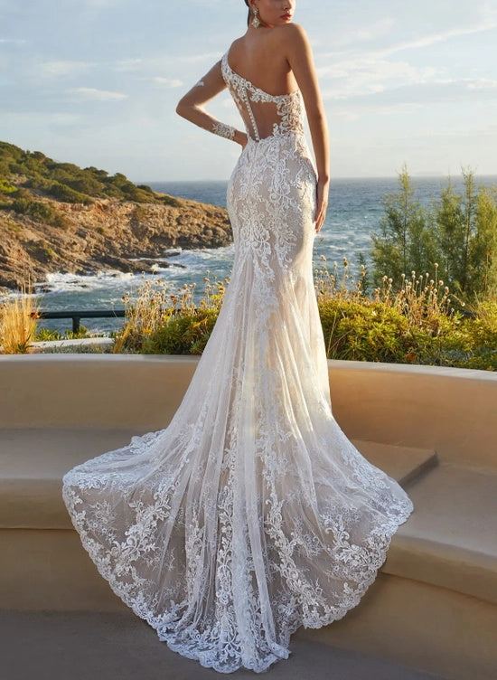 Luxury Long Tulle Lace One Shoulder Mermaid Wedding Dresses with Sleeves