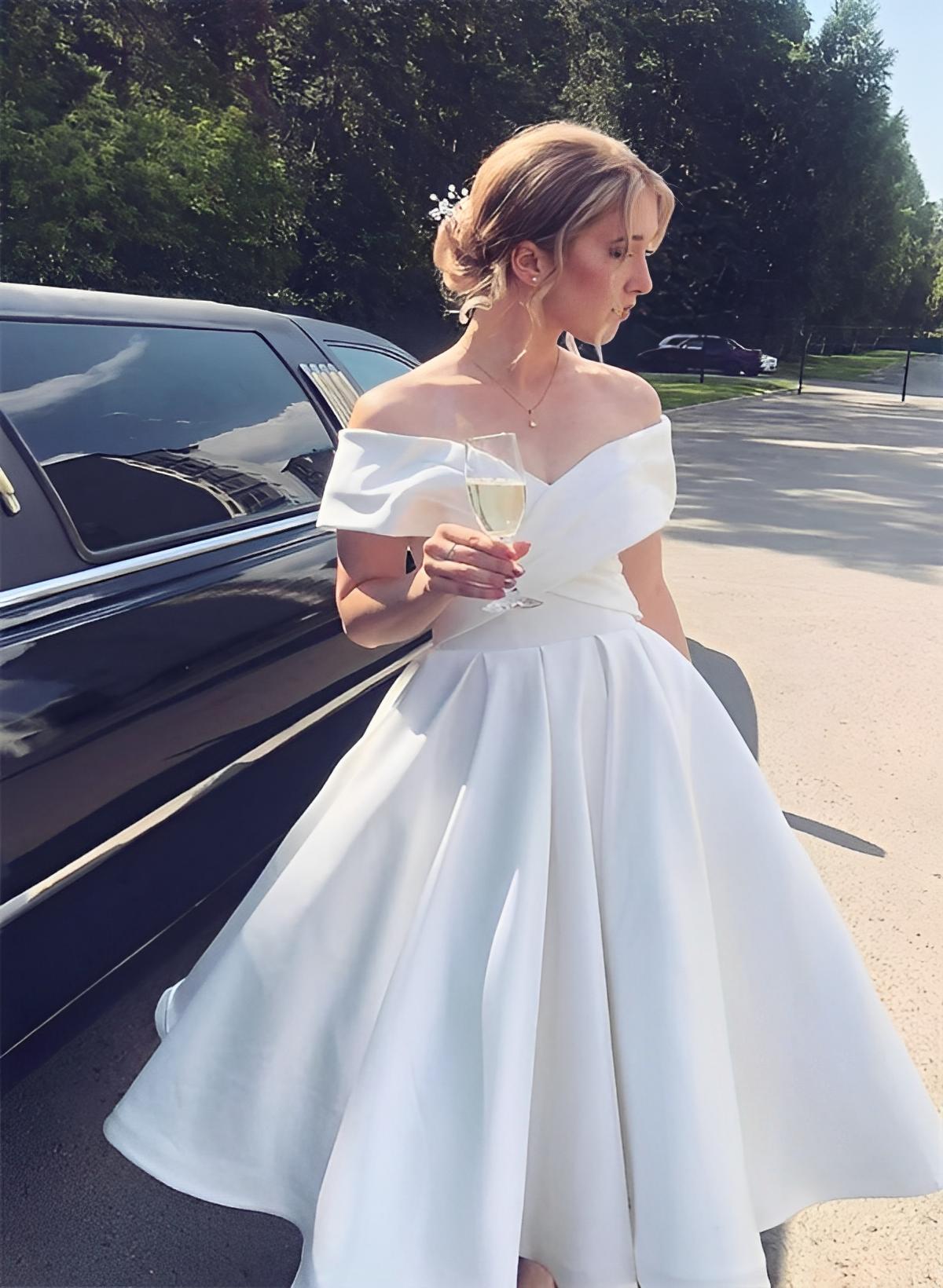 Short A-line Off The Shoulder Sleeveless Satin Tea-Length Wedding Dress with Pockets