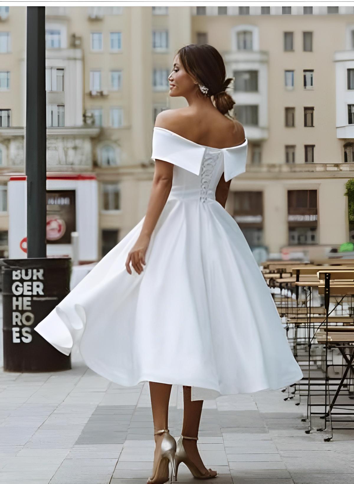 Short A-line Off The Shoulder Sleeveless Satin Tea-Length Wedding Dress with Pockets