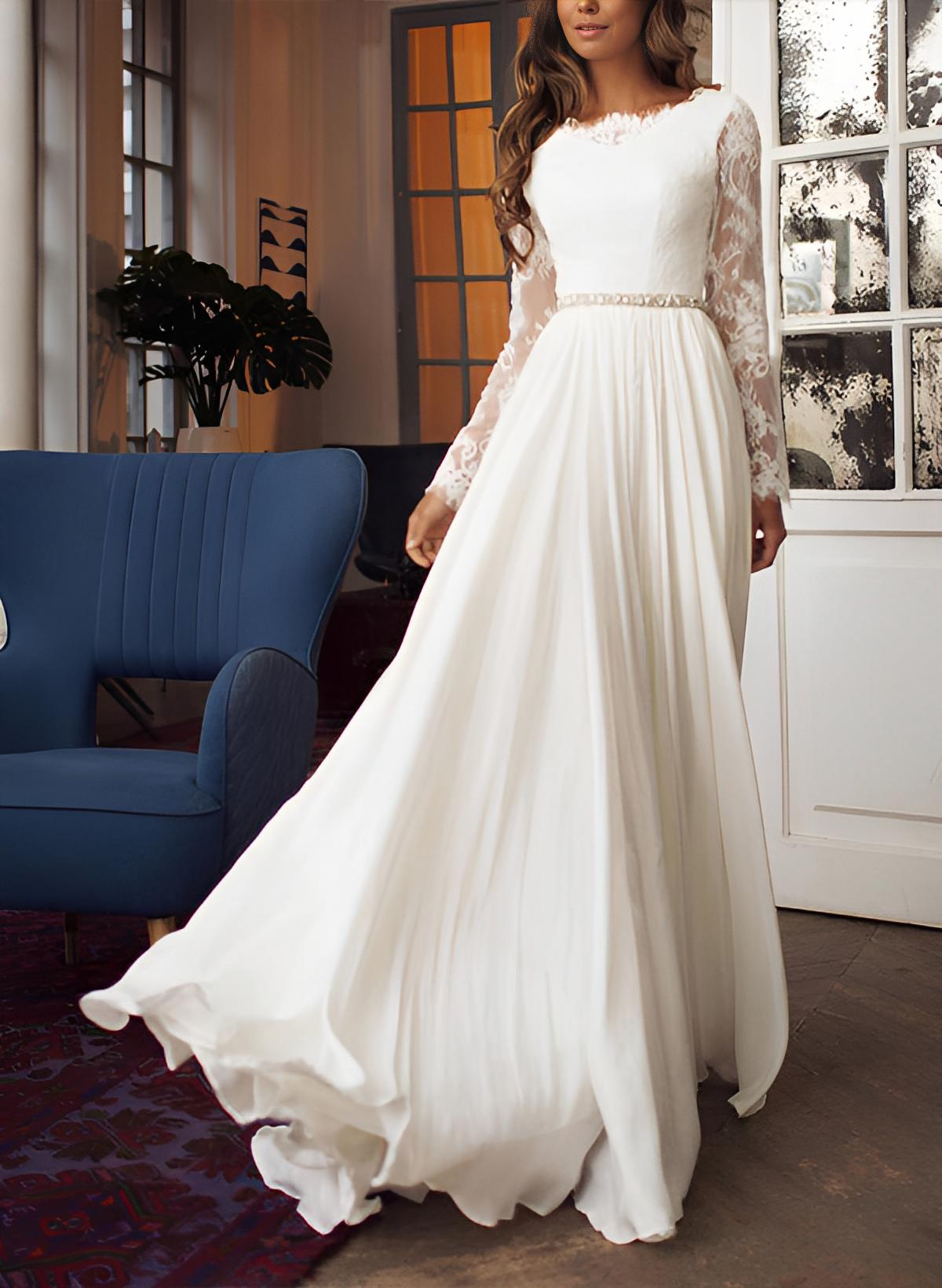 Long A-line Chiffon Lace Backless Wedding Dress With Sleeves