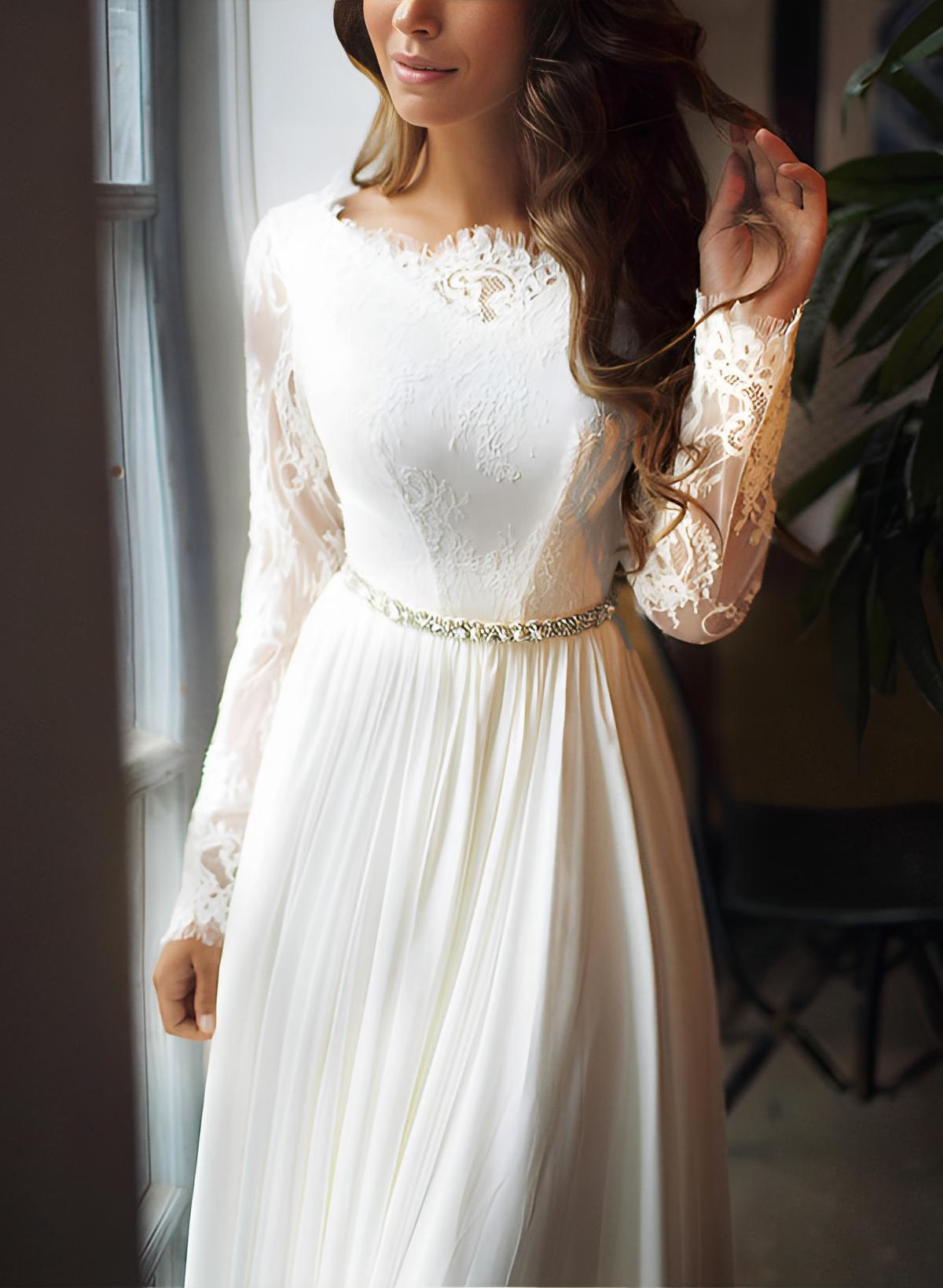 Long A-line Chiffon Lace Backless Wedding Dress With Sleeves