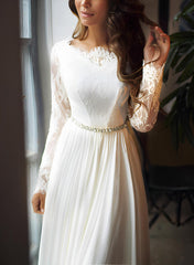 Long A-line Chiffon Lace Backless Wedding Dress With Sleeves