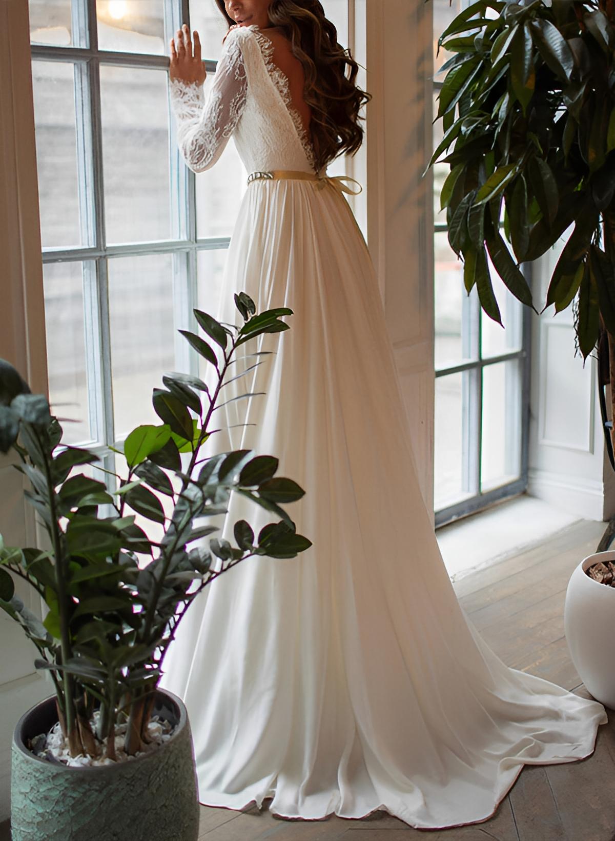 Long A-line Chiffon Lace Backless Wedding Dress With Sleeves