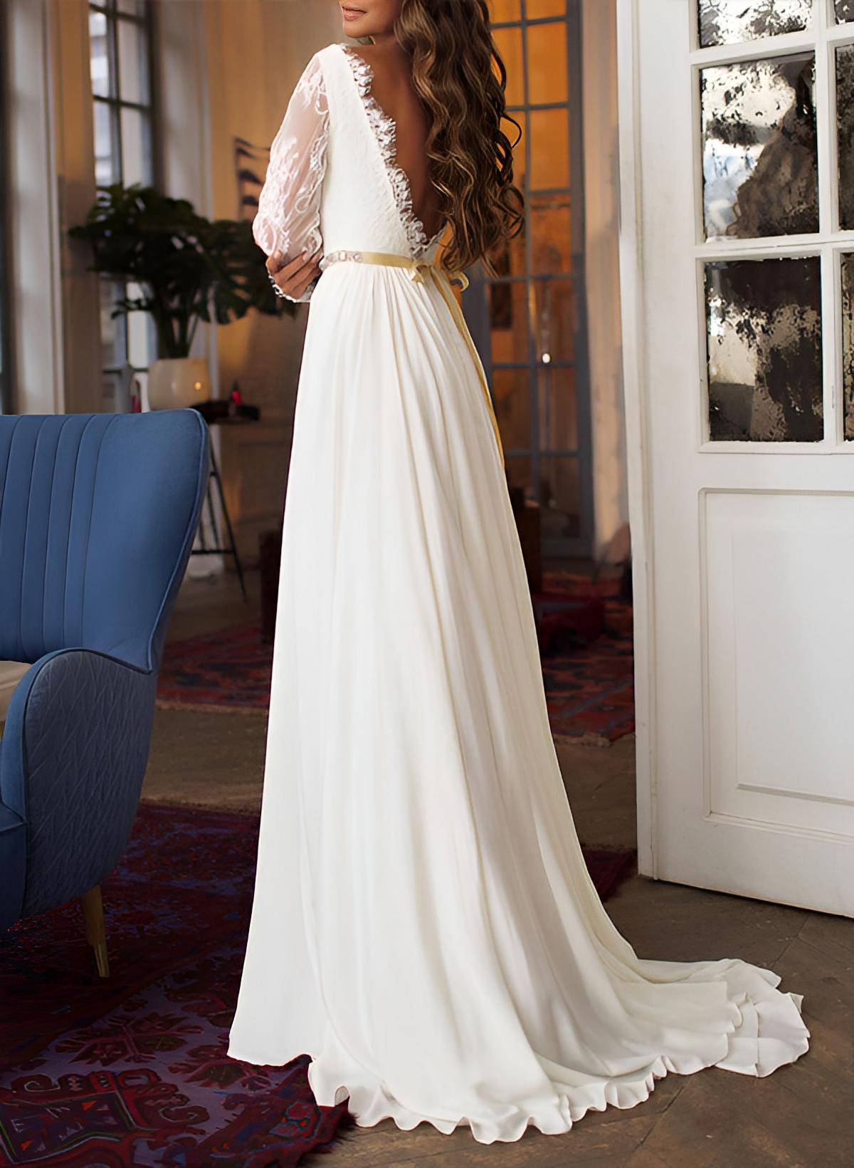 Long A-line Chiffon Lace Backless Wedding Dress With Sleeves