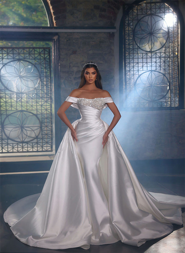 Long Mermiad Off The Shoulder Chapel Train Satin Wedding Dresses