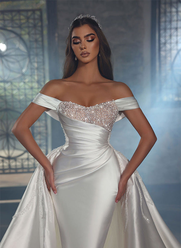 Long Mermiad Off The Shoulder Chapel Train Satin Wedding Dresses