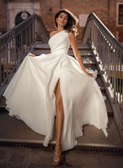 Long A-line One Shoulder Sleeveless Organza Wedding Dress with Slit