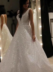 Sparkly Long A-line V-neck Sequins Open Back Wedding Dresses